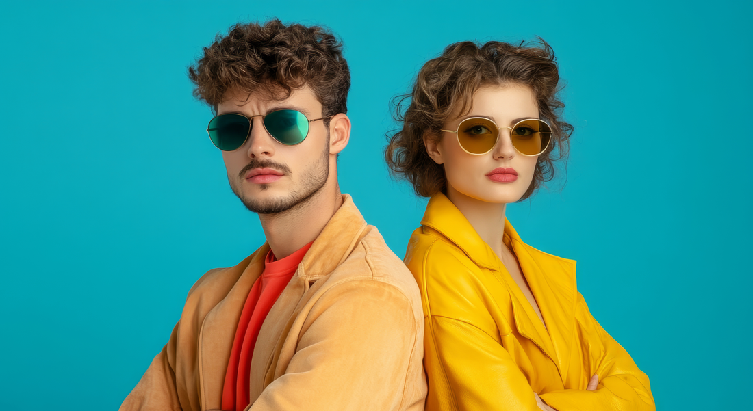 Fashionable man and woman wearing colorful vintage round sunglasses and matching yellow outfits on a blue background – retro-inspired unisex style